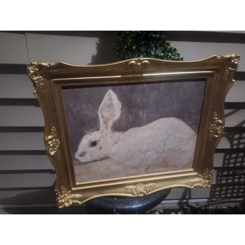 Vintage ornate gold frame with 2 prints white rabbit and Victorian lady